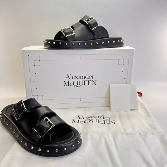 Alexander McQueen Studded Slide Sandals Size EU 37 Black Leather Slip-On - Picture 1 of 16